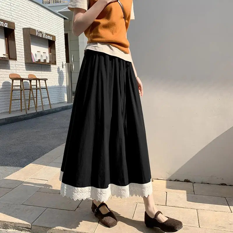 French Black White Patchwork Lace High Waist Vacation Pleated Long Skirt Spring Summe Women Retro Elegant Drawstring Party Skirt