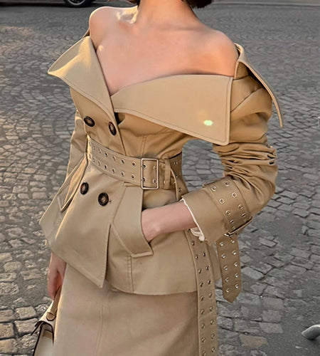 Slimming Spliced Lace Up Elegant Jackets for Women V Neck Long Sleeves Patchwork Double Breasted Jacket Female New