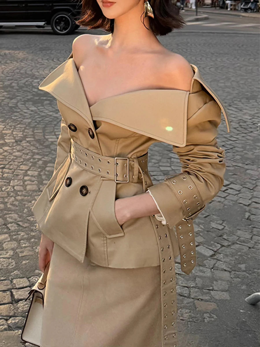 Slimming Spliced Lace Up Elegant Jackets for Women V Neck Long Sleeves Patchwork Double Breasted Jacket Female New