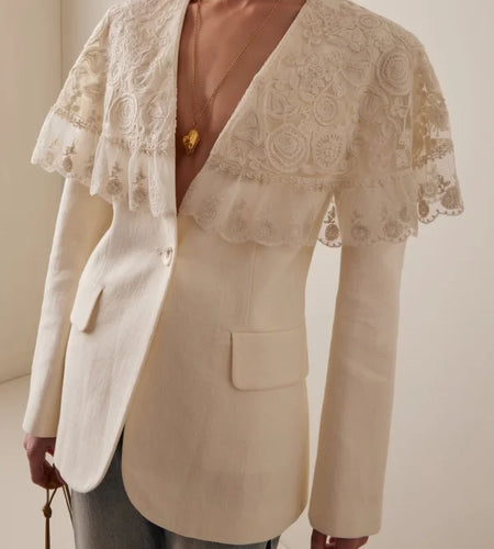 Casual Coat Women Autumn Winter Elegant Deep V-Neck Single-button Ruffle Lace Design Long Sleeves Jacket Woman 2025