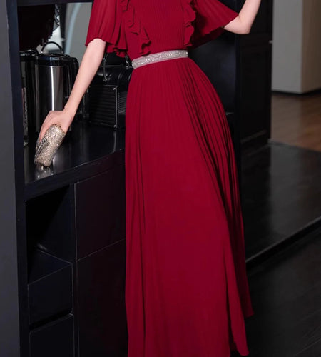 Hit Color Spliced Ruffles Slimming Dresses For Women O Neck Short Sleeve High Waist Temperament Dress Female New