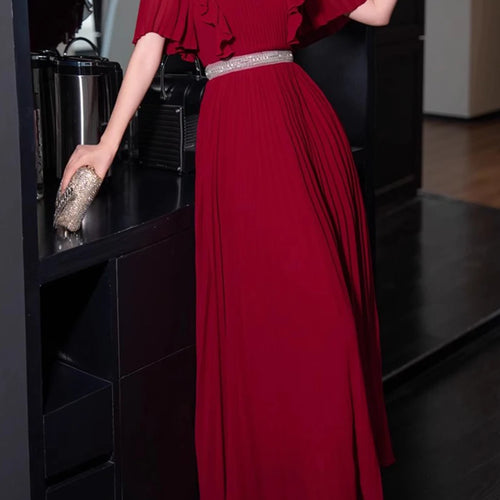 Load image into Gallery viewer, Hit Color Spliced Ruffles Slimming Dresses For Women O Neck Short Sleeve High Waist Temperament Dress Female New
