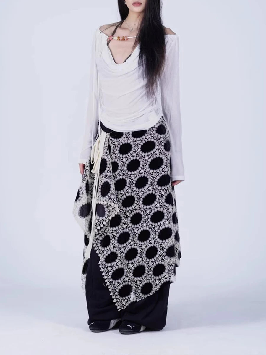 Hit Color Hollow Out Spliced Lace Up Fashion Fart Curtains for Women High Waist Irregular Fart Curtain Female New