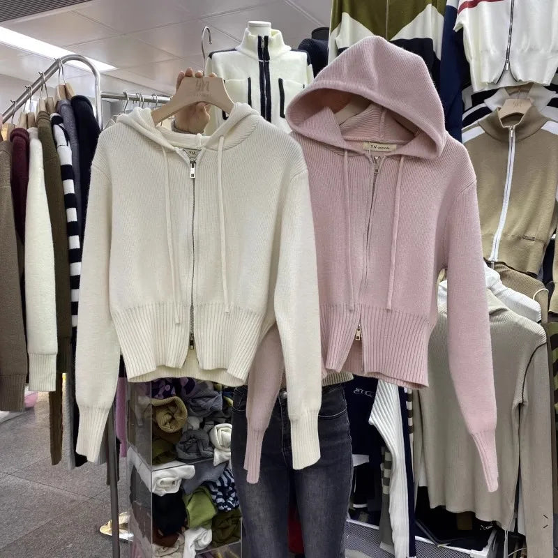 Korean Solid Hooded Double Zipper Cardigan Sweater Women Autumn Winter Long Sleeve Vacation Knitwear Tops Simplicity Streetwear