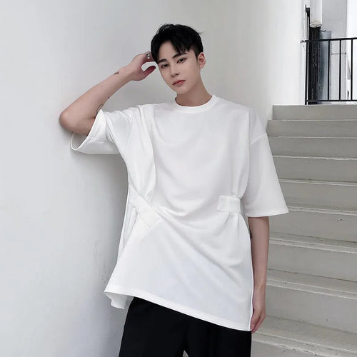 Load image into Gallery viewer, Round Neck Short Sleeve T-shirt Summer Solid Color Personality Fold Splicing Trend Casual Male Tops Dark Style 9C5163
