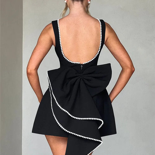 Load image into Gallery viewer, Pearl Bow Backless Sexy Mini Dress For Women Robe Fashion Zipper Sleeveless High Waist A-line Club Party Dress Elegant

