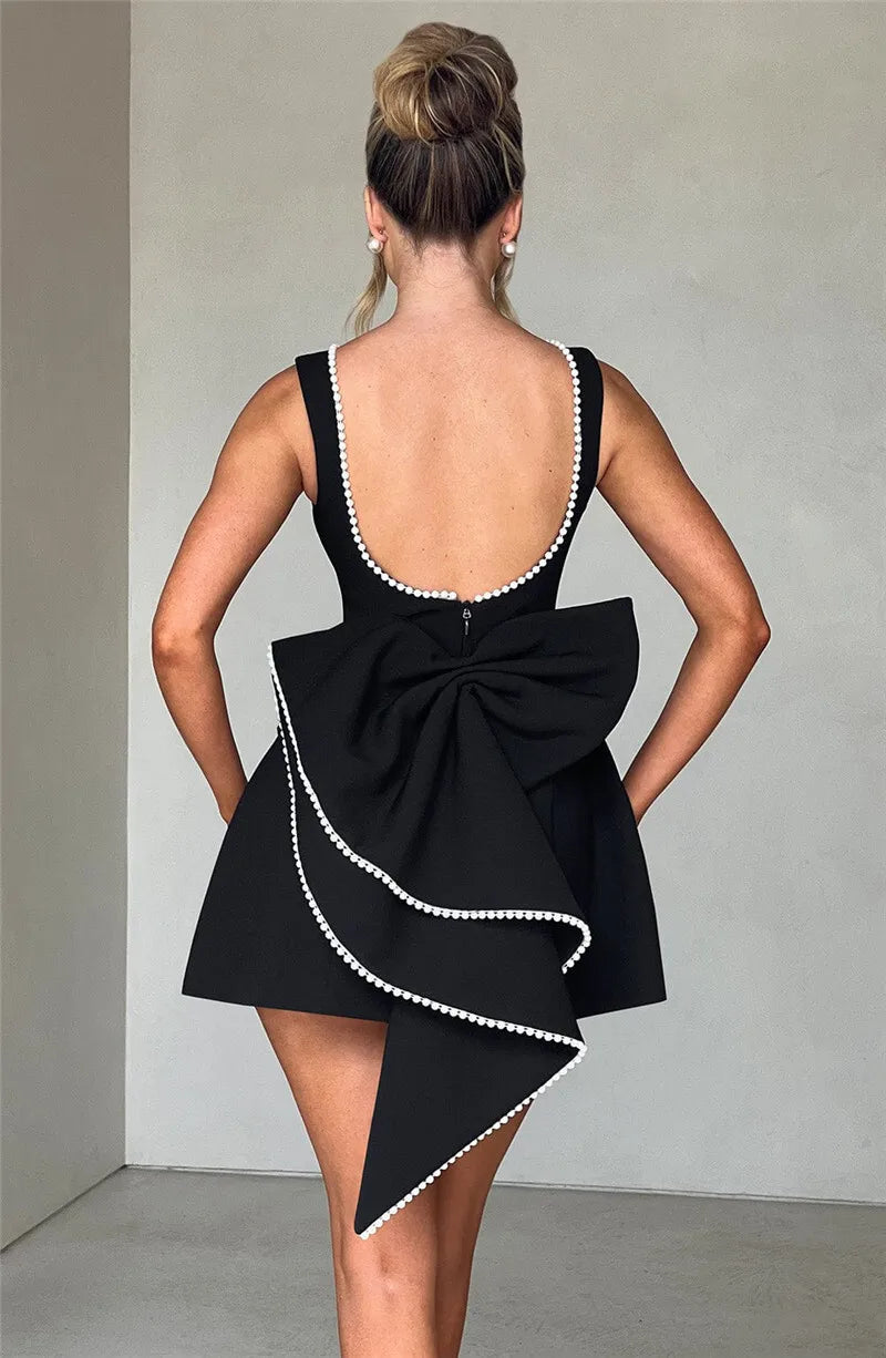 Pearl Bow Backless Sexy Mini Dress For Women Robe Fashion Zipper Sleeveless High Waist A-line Club Party Dress Elegant