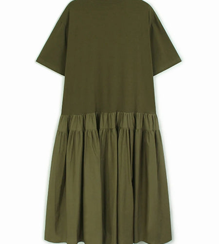 Women Army Green Pleated Hem Big Size Midi Dress New Round Neck Short Sleeve Fashion Tide Spring Summer 2025 1DJ0781