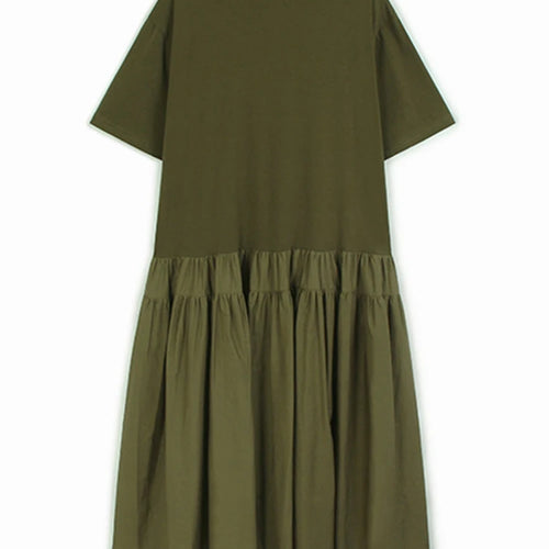 Load image into Gallery viewer, Women Army Green Pleated Hem Big Size Midi Dress New Round Neck Short Sleeve Fashion Tide Spring Summer 2025 1DJ0781

