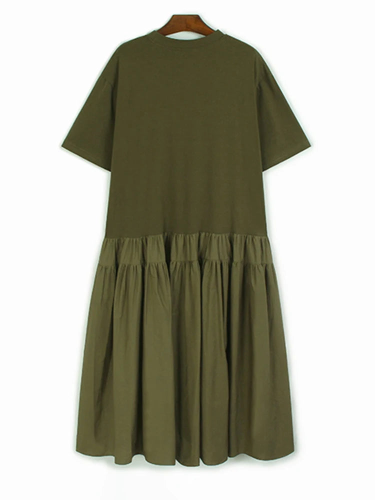 Women Army Green Pleated Hem Big Size Midi Dress New Round Neck Short Sleeve Fashion Tide Spring Summer 2025 1DJ0781