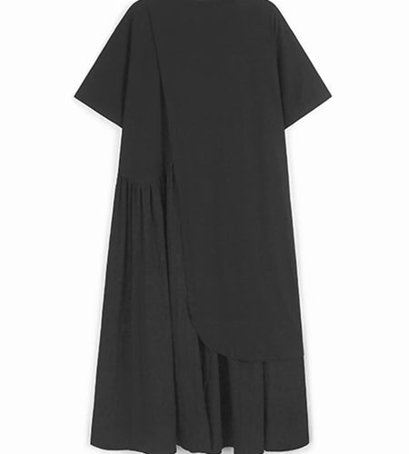 Women White Color-block Pleated Big Size Midi Dress New Round Neck Short Sleeve Fashion Tide Spring Summer 2025 1DJ1439