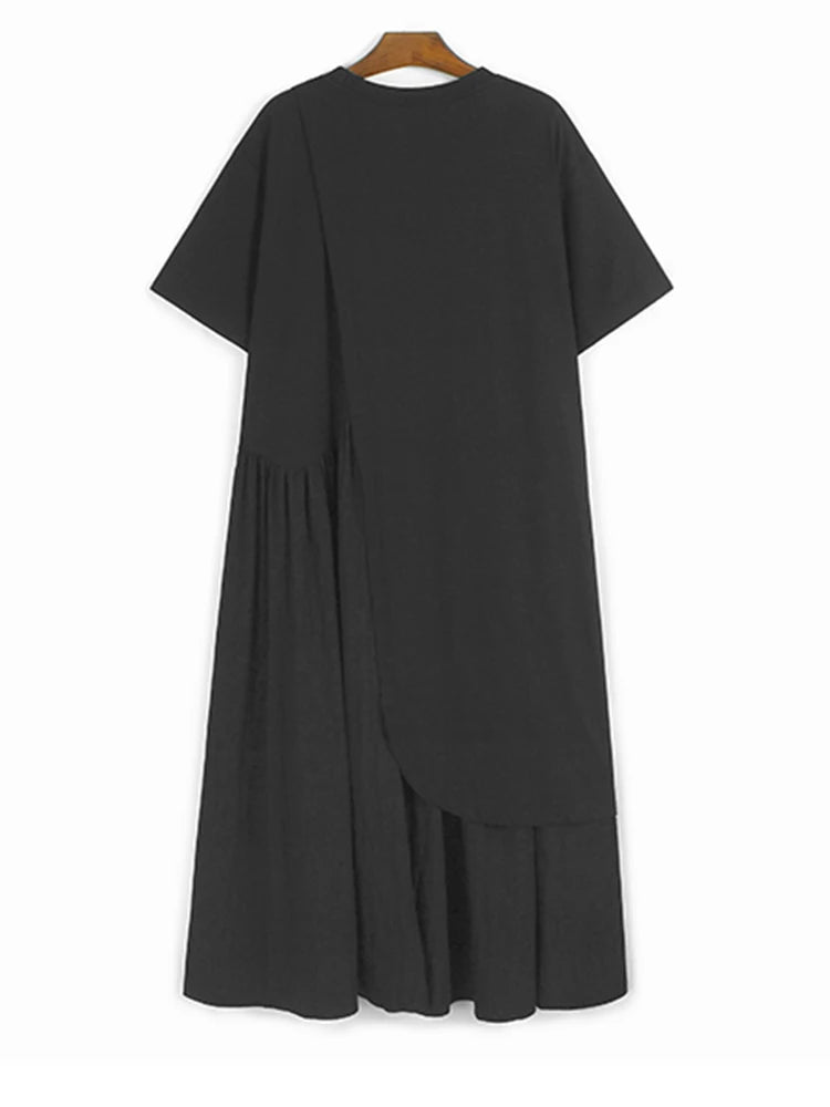 Women White Color-block Pleated Big Size Midi Dress New Round Neck Short Sleeve Fashion Tide Spring Summer 2025 1DJ1439