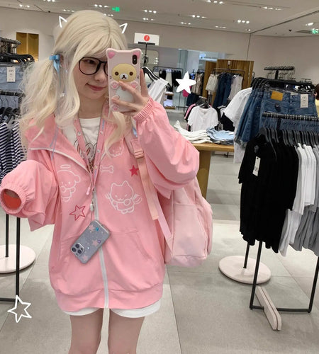 Preppy Style Japanese Women Jackets 2024 Ropa Mujer Streetwear Long Sleeve Hooded Y2k Tops Anime Print Chic Casual Cute Coat