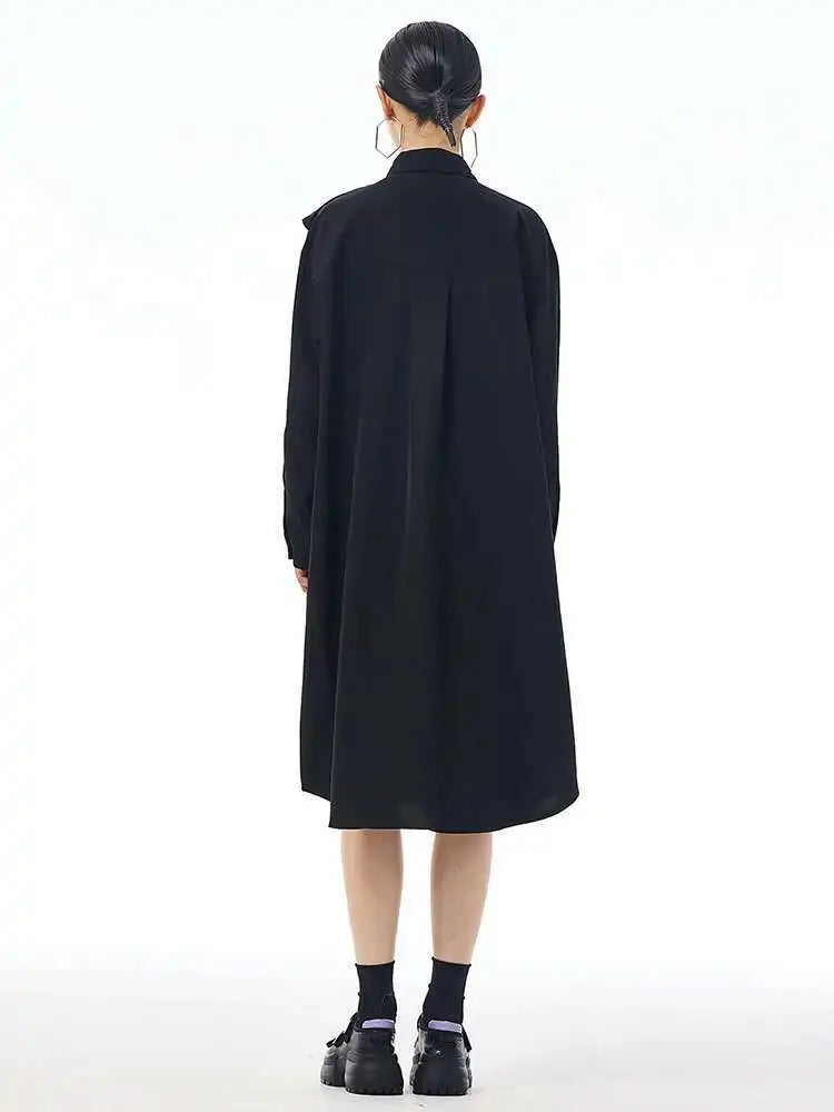 Women Gray Ruffles Pleated Midi Elegant Big Size Shirt Dress New Lapel Long Sleeve Fashion Tide Spring Autumn 2025 1DH7415