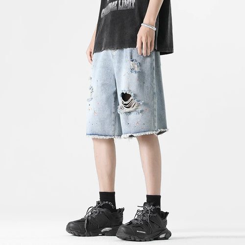 Load image into Gallery viewer, Men&#39;s Ripped Denim Shorts Solid Color Summer New Ragged Edge Tie Dyed Male High Street Short Pants Loose Trendy 2025 9W1355
