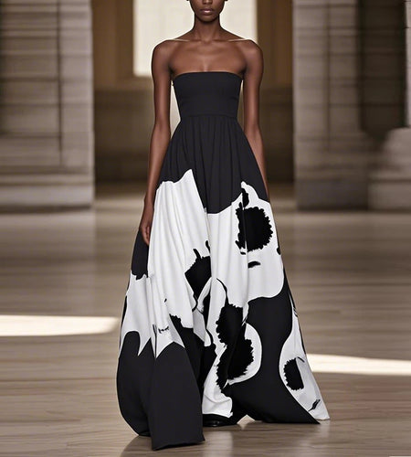 Summer Tube Top Maxi Dresses for Woman New Party Evening African Black Printed Vintage Loose Sexy Long Dress Female