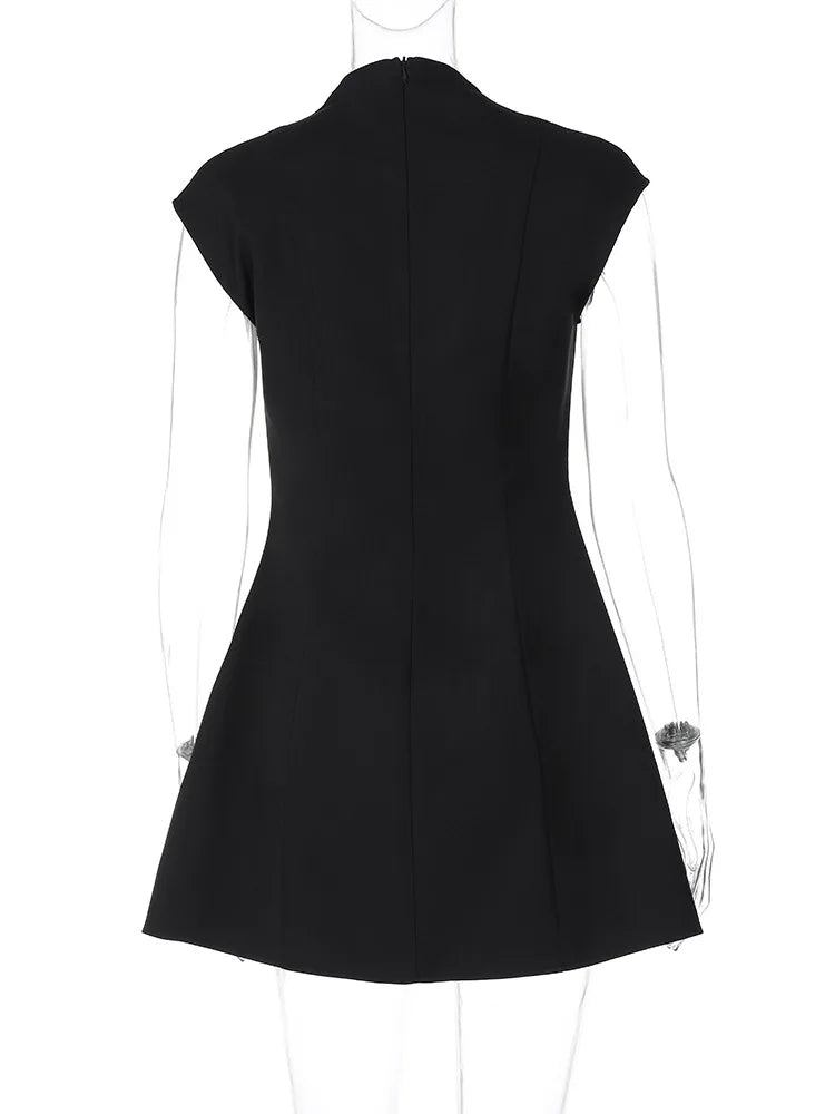 Black Sleeveless Sexy Mini Dress For Women Fashion Zipper Deep V Neck Two Pocket A-line Night Club Party Dress Elegant