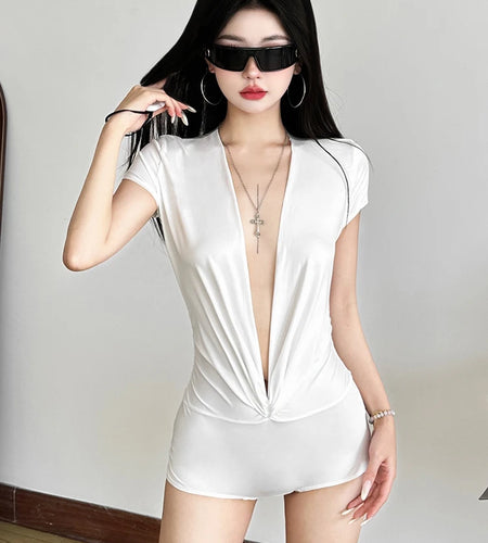 Deep v-Neck Bodysuits Women Folds Skinny High Elasticity Solid Simple Classic Sexy Midnight Summer Streetwear Outfits
