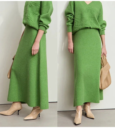 Minimalist Women Knitted Skirts 2024 Fall Winter Casual Elegant Elastic Waist Loose A-line Office Lady Midi Skirt 12444070