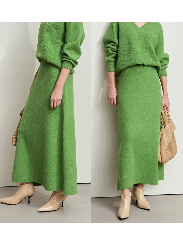 Minimalist Women Knitted Skirts 2024 Fall Winter Casual Elegant Elastic Waist Loose A-line Office Lady Midi Skirt 12444070