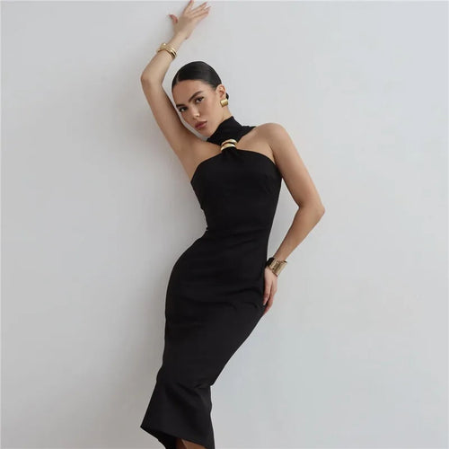 Load image into Gallery viewer, Turtleneck Off-shoulder Sexy Maxi Dress Women Gown Summer New Ring Metal Sleeveless Backless Skinny Knit Long Dress
