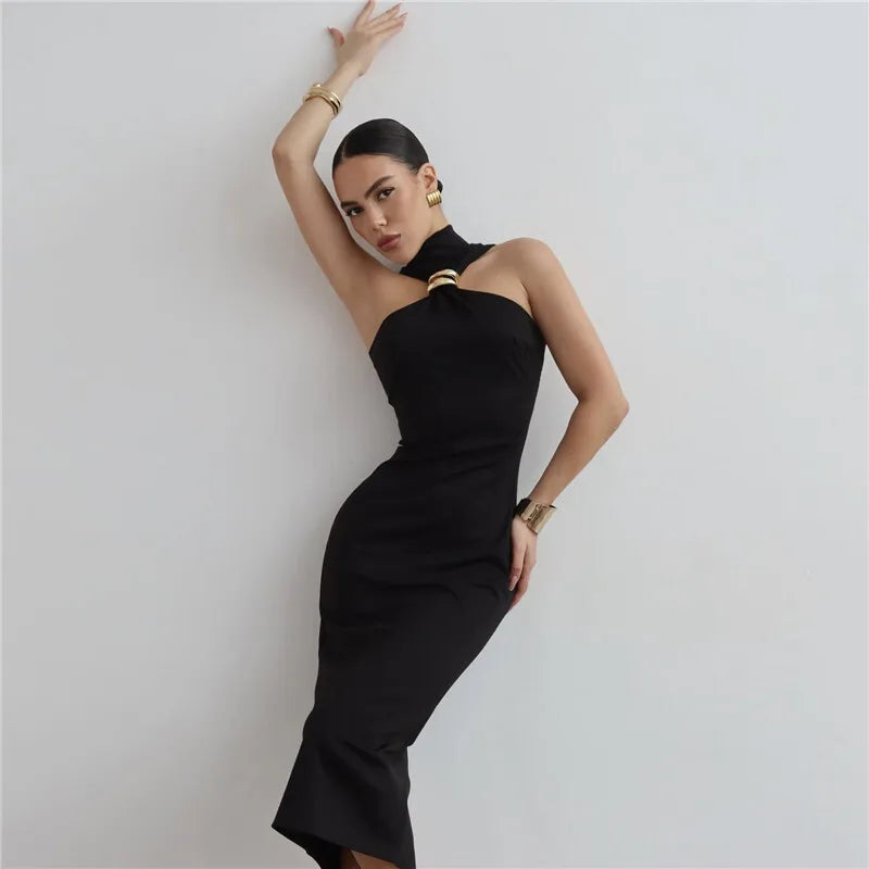 Turtleneck Off-shoulder Sexy Maxi Dress Women Gown Summer New Ring Metal Sleeveless Backless Skinny Knit Long Dress