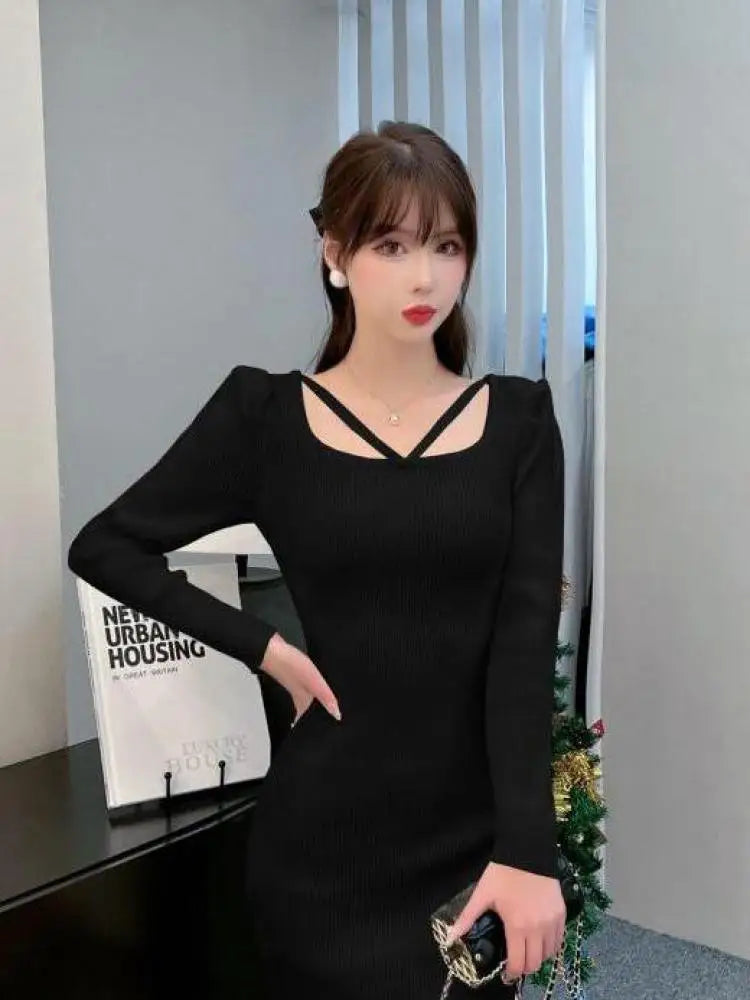 French Fashion Women Black Elegant Festival Hollow Out Knit Dress Autumn White Long Sleeve Slim Wrap Hip Short Dress Ladies Chic