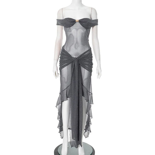 Load image into Gallery viewer, Mesh See Through Ruffled Sexy Maxi Dress For Women Gown Gray Off-shoulder Strapless Backless Ruched Long Dress Vestido

