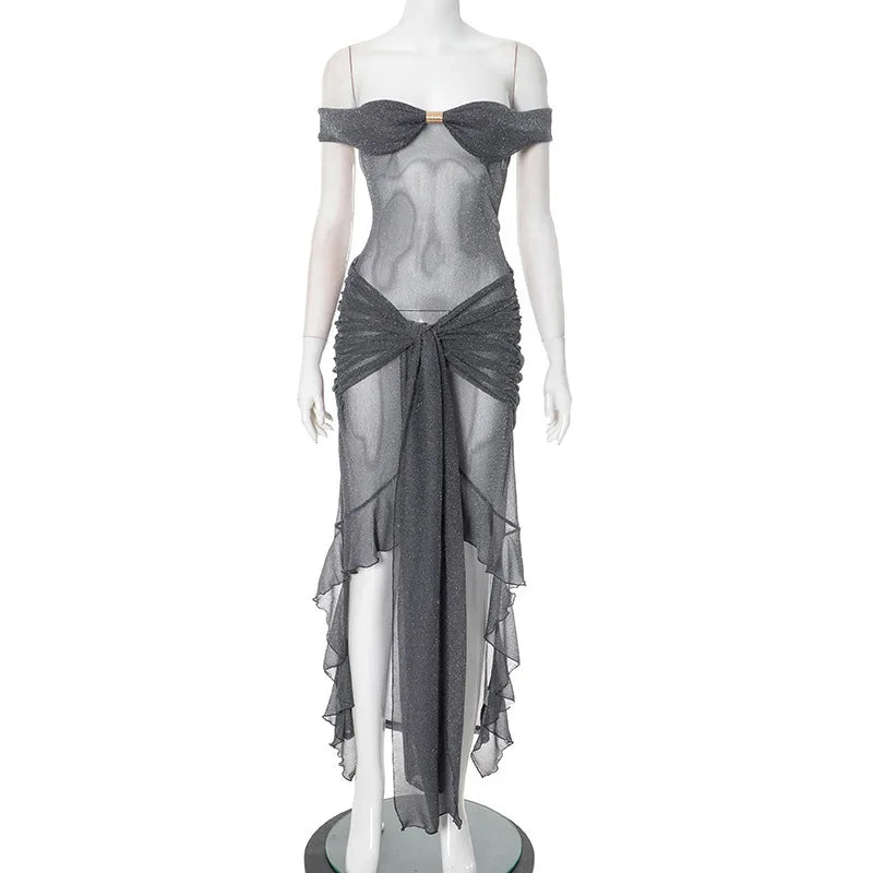 Mesh See Through Ruffled Sexy Maxi Dress For Women Gown Gray Off-shoulder Strapless Backless Ruched Long Dress Vestido