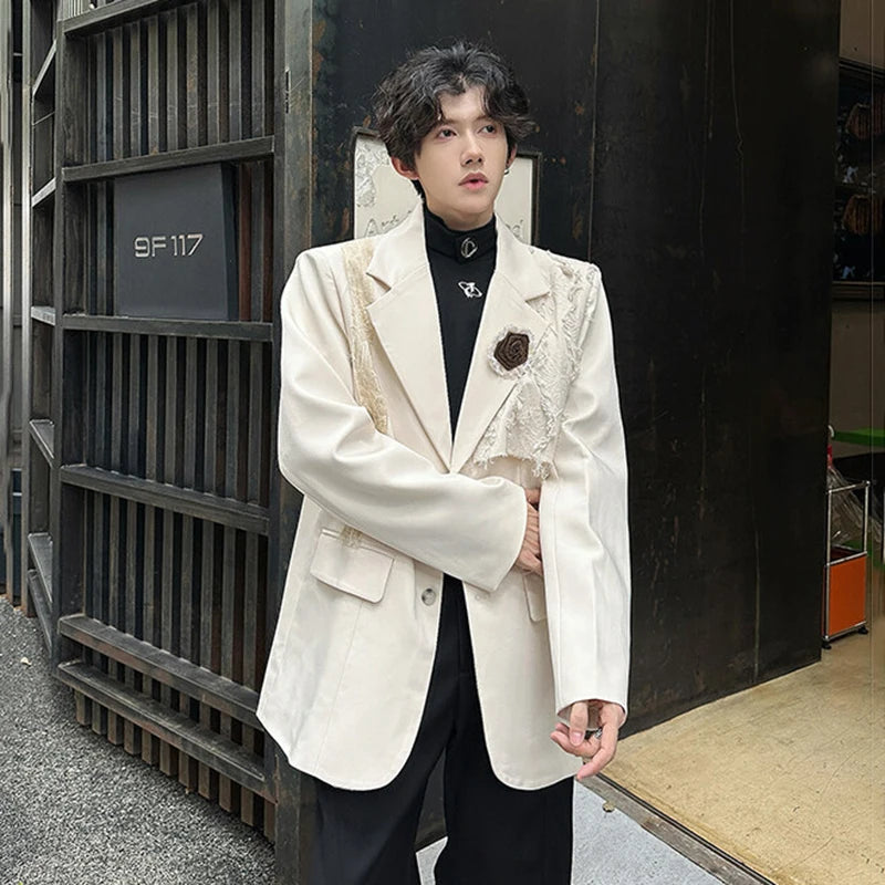 Men's Lace Suit Jacket Solid Color Single Breasted Three Dimensional Handmade Rose Design New Stylish Blazer 2025 9W1342