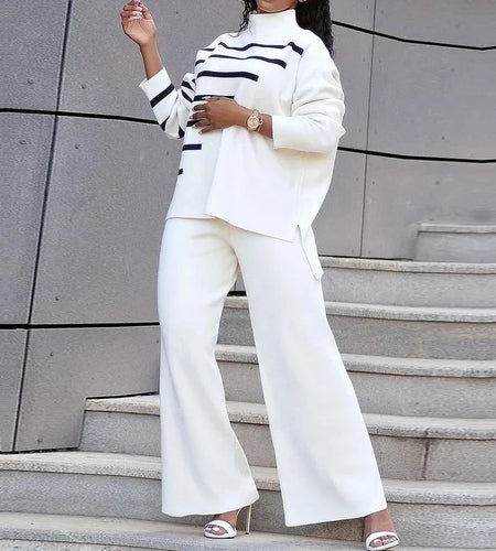 Woman 2 Piece Set Outfit 2025 Fall Winter Striped long Sleeve Sweater Wide Leg Long Pants Casual White Outfits Woman