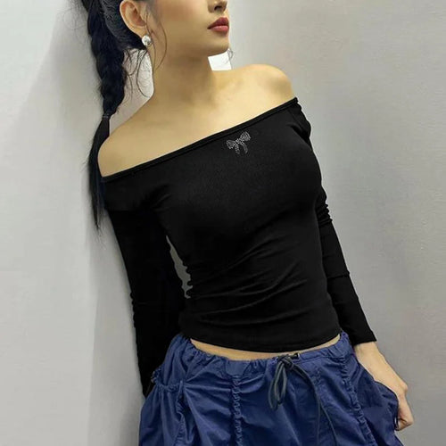 Load image into Gallery viewer, Off Shoulder Top y2k Clothing Women Rhinestone Bow Print Long Sleeve Backless T Shirt Fairy Grunge Clothes Streetwear
