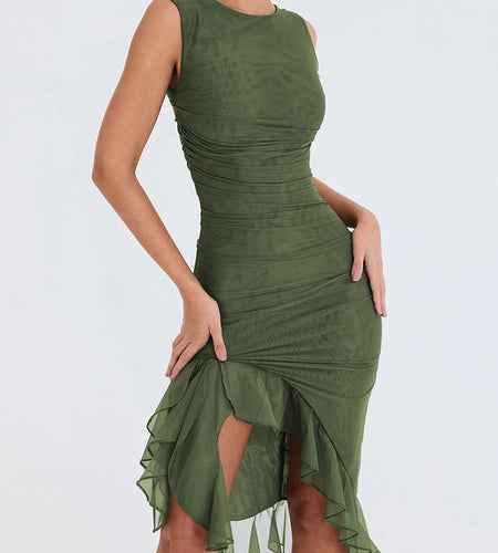 Elegant Ruffle Ruched Midi Dress For Women Robe Summer New Backless Sleeveless Irregular Club Party Sexy Dress Vestido