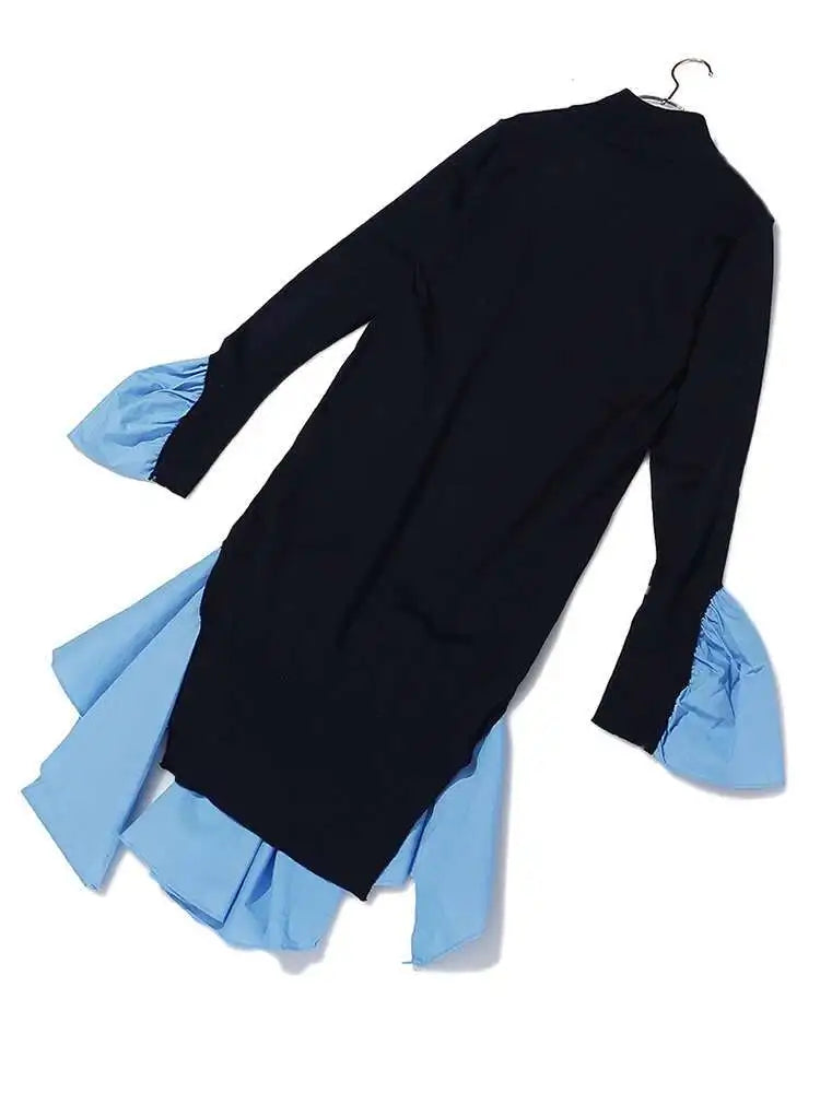 Women Blue Knitting Ruffles Irregular Elegant Dress New Turtleneck Long Sleeve Fashion Tide Spring Autumn 2025 1DH4512