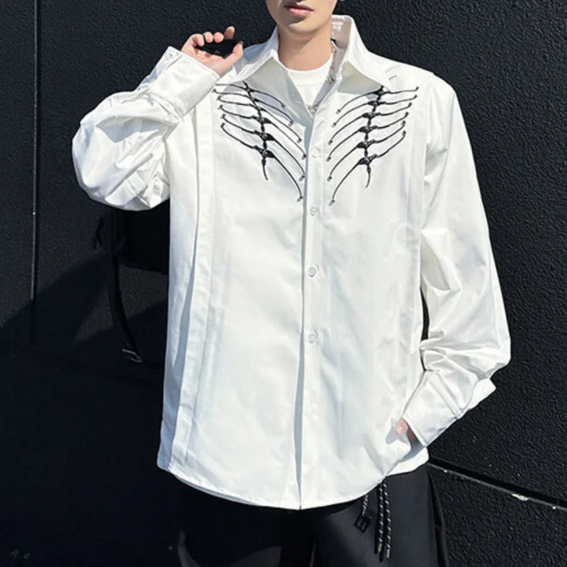 Men's Shirts New Spring Long Sleeve Clothing Embroidery Nail Bead Spine Design Pad Shoulder Turn-down Collar Menwear 9W1607