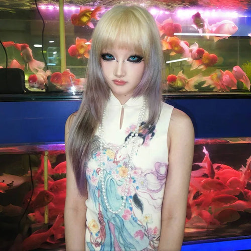 Japanese Y2k Ribbed Tank Top Fairycore Print Sleeveless Tops Vintage Harajuku Slim Tanktop 2000s Aesthetics Clothes 90s