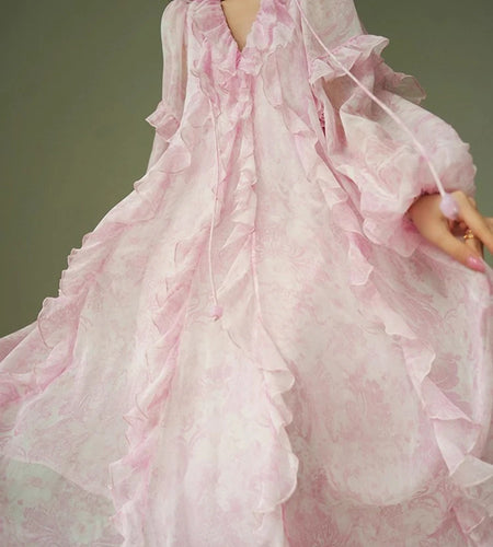 Pink Printing Spliced Fungus Folds Elelgant Dresses for Women V Neck Long Sleeves Patchwork Lace Up Dress Female