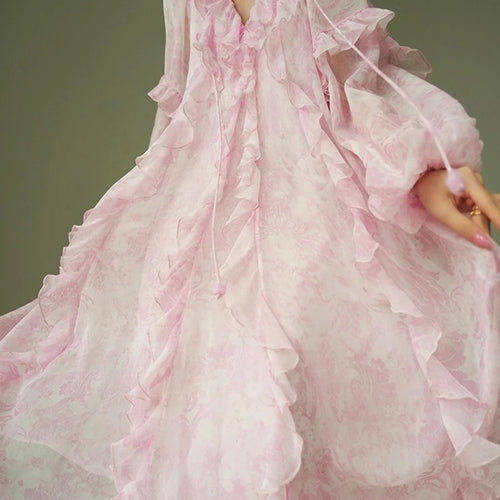 Load image into Gallery viewer, Pink Printing Spliced Fungus Folds Elelgant Dresses for Women V Neck Long Sleeves Patchwork Lace Up Dress Female
