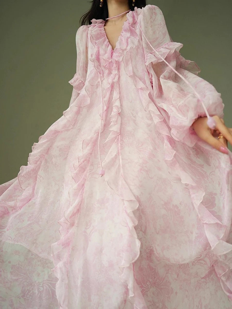 Pink Printing Spliced Fungus Folds Elelgant Dresses for Women V Neck Long Sleeves Patchwork Lace Up Dress Female