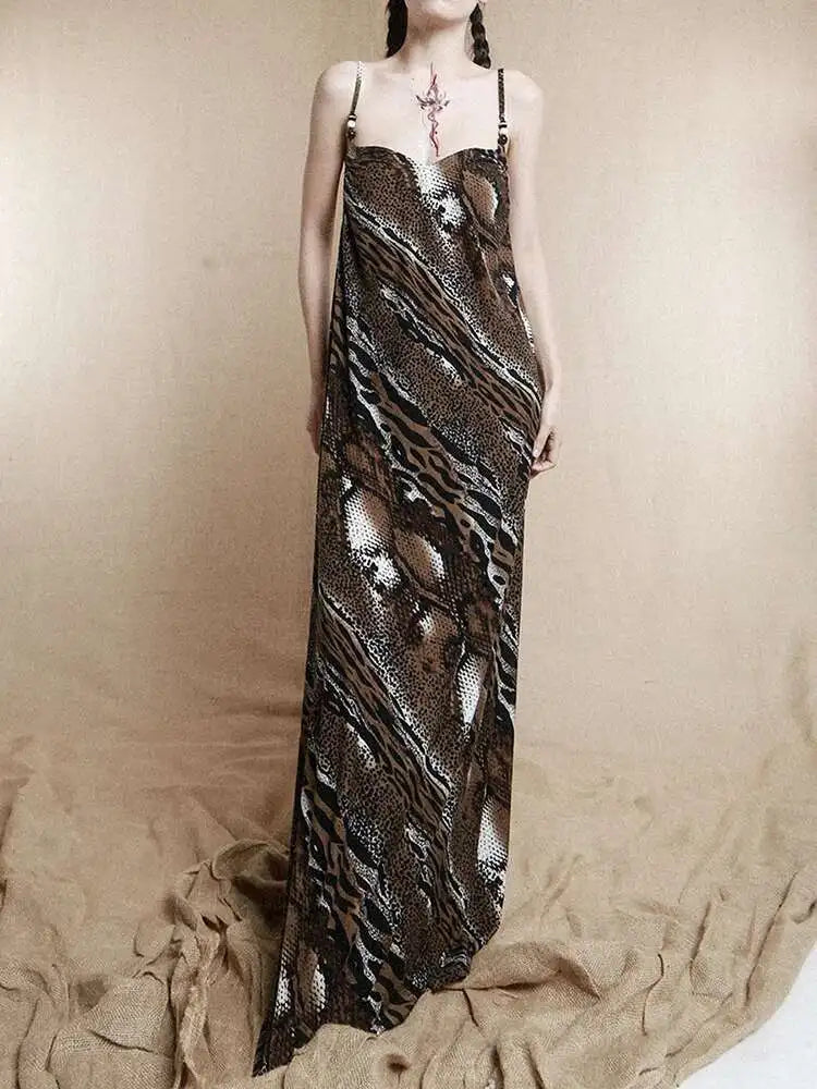 Women Coffee Leopard Printed Long Spaghetti Strap Dress New Square Collar Sleeveless Fashion Spring Autumn 2025 1DH8446