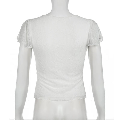 Load image into Gallery viewer, Fashion V-Neck With Bow Lace Slimming T-shirts Women Elegant Solid Chic Short Sleeve Top Tees Y2K Aesthetics Outifits
