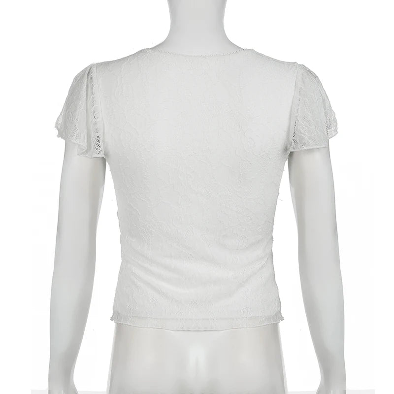 Fashion V-Neck With Bow Lace Slimming T-shirts Women Elegant Solid Chic Short Sleeve Top Tees Y2K Aesthetics Outifits