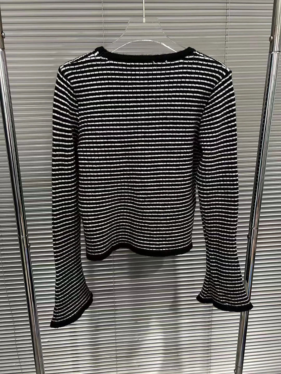 Hit Color Striped Spliced 3D Flower Cardigan for Women V Neck Long Sleeves Patchwork Zipper Elegant Cardigan Female