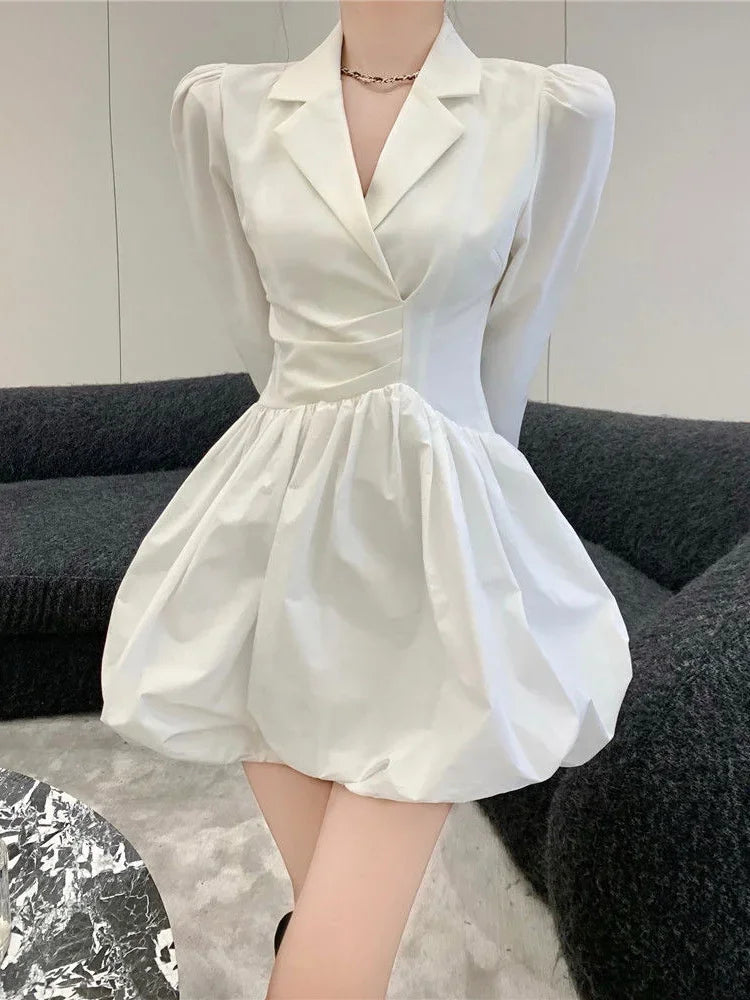 Blazer White Long Sleeve Mini Dress Women Office Ladies Notched Design Wrap Short Dresses Elegant Korean Fashion Kpop