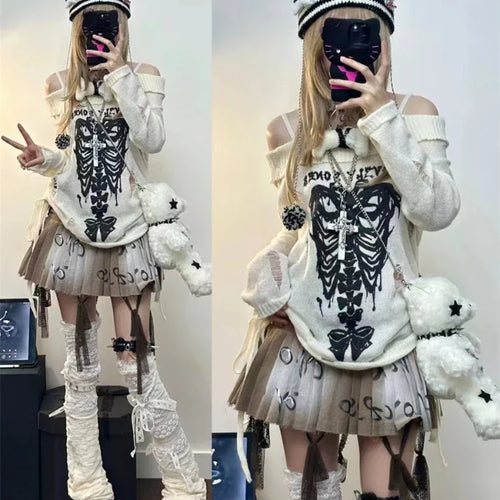 Load image into Gallery viewer, Japanese Off Shoulder Harajuku Sweater Y2k Women Gothic Punk Knitted Vintage Skull Jumpers Grunge Hollow Out Pullovers Kintwear
