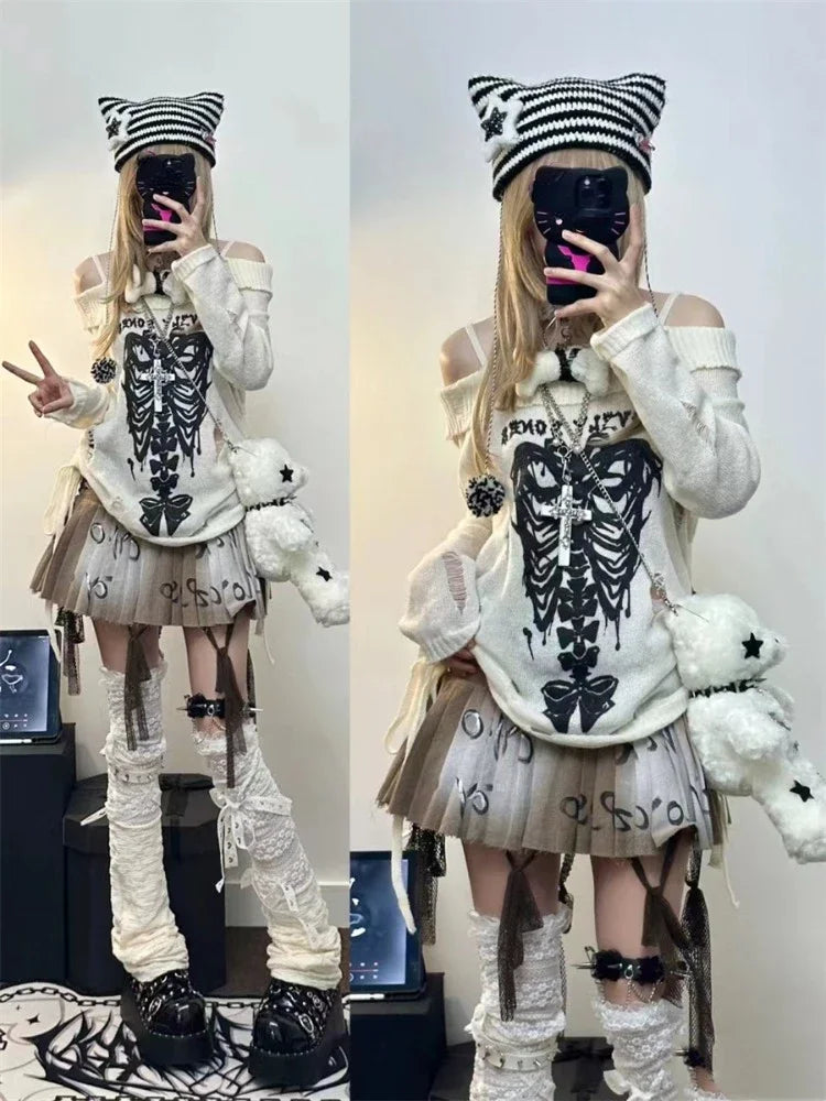 Japanese Off Shoulder Harajuku Sweater Y2k Women Gothic Punk Knitted Vintage Skull Jumpers Grunge Hollow Out Pullovers Kintwear