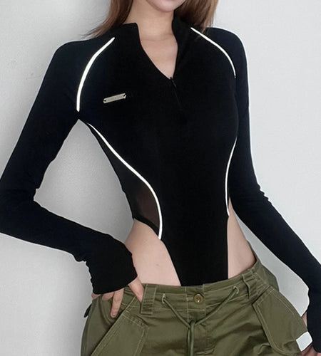 Streetwear Stripe Black Skinny Autumn Bodysuit Women Mesh Spliced Sexy Body Moto&Biker Style One Piece Romper Clothes
