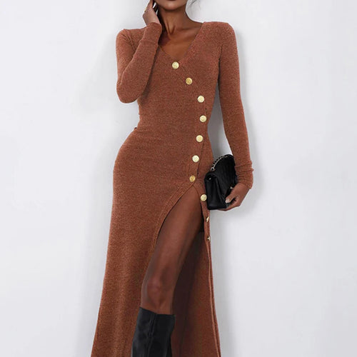 Load image into Gallery viewer, Asymmetrical Brown Knitted Autumn Dress Sexy Split Buttons Slim Casual Elegant Long Dress Ladies Clubwear Basic 2024
