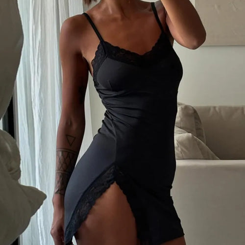 Load image into Gallery viewer, Lace Spaghetti Strap Sexy Mini Dress For Women Robe Fashion Sleeveless Backless Bodycon Side Split Club Dress Vestido
