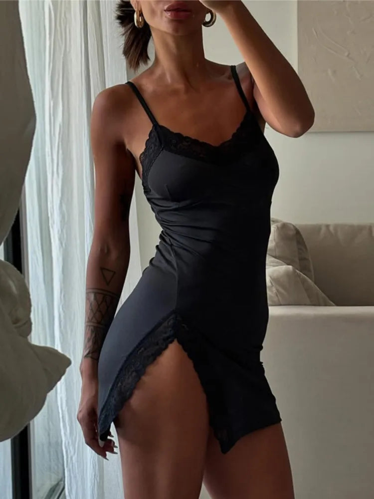 Lace Spaghetti Strap Sexy Mini Dress For Women Robe Fashion Sleeveless Backless Bodycon Side Split Club Dress Vestido